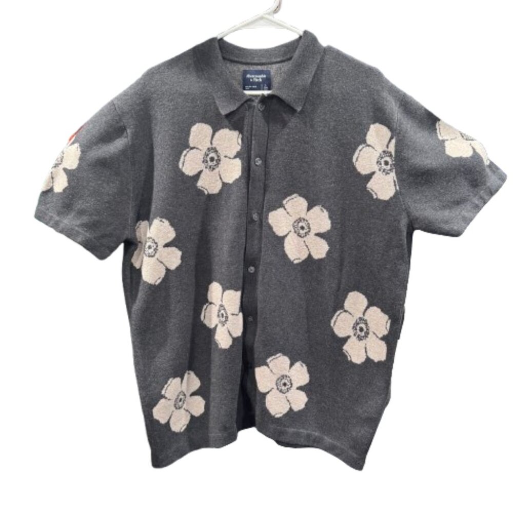 Abercrombie & Fitch Gray Floral Sopranos Retro Bowling Polo Button-Down (SZ L T)